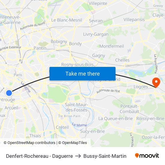 Denfert-Rochereau - Daguerre to Bussy-Saint-Martin map