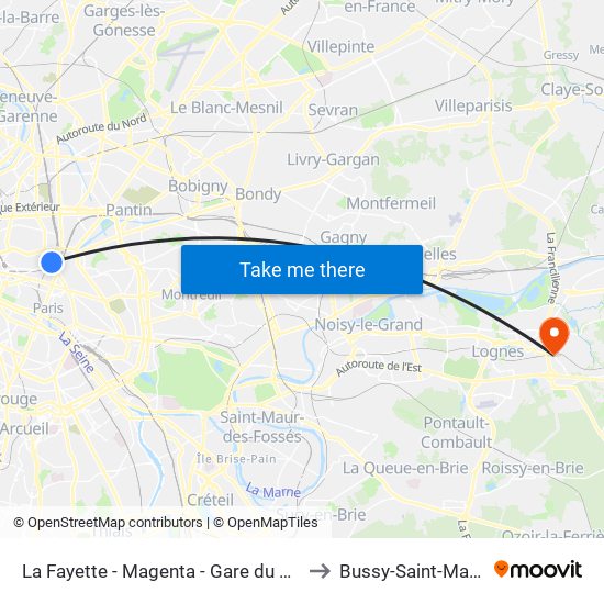 La Fayette - Magenta - Gare du Nord to Bussy-Saint-Martin map