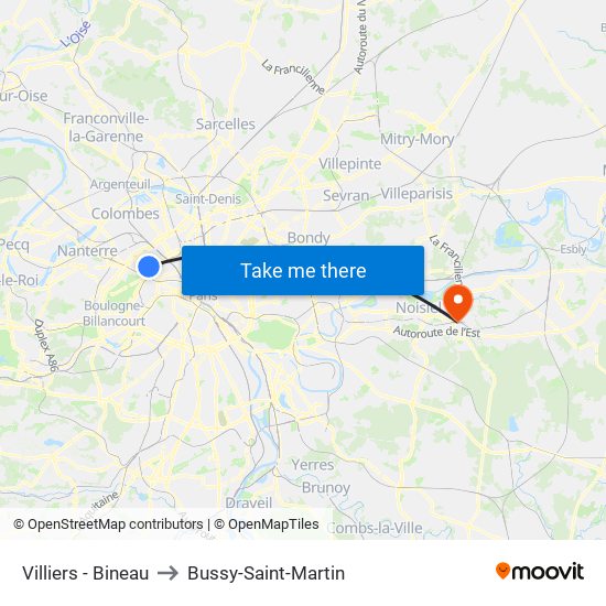 Villiers - Bineau to Bussy-Saint-Martin map