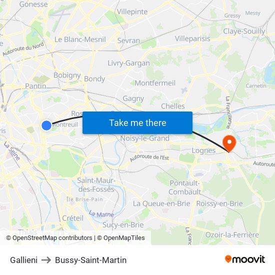 Gallieni to Bussy-Saint-Martin map