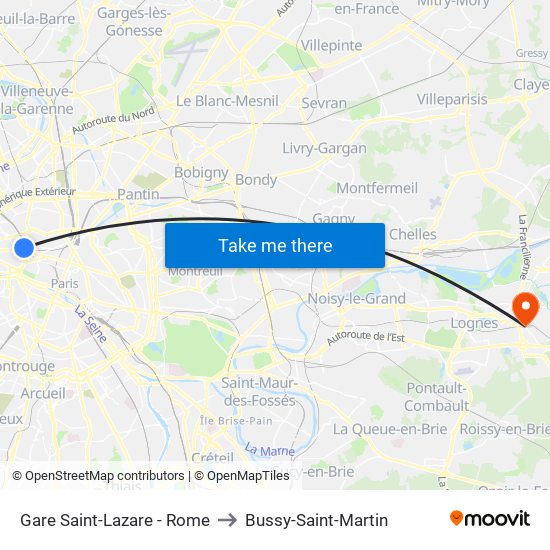 Gare Saint-Lazare - Rome to Bussy-Saint-Martin map