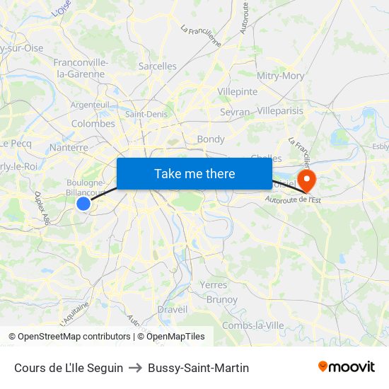 Cours de L'Ile Seguin to Bussy-Saint-Martin map