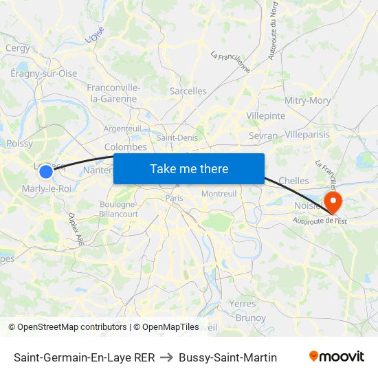 Saint-Germain-En-Laye RER to Bussy-Saint-Martin map