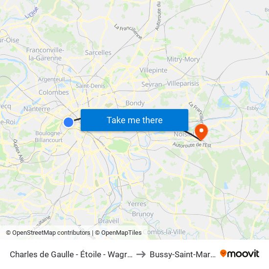Charles de Gaulle - Étoile - Wagram to Bussy-Saint-Martin map