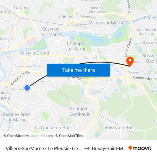 Villiers-Sur-Marne - Le Plessis-Trévise RER to Bussy-Saint-Martin map