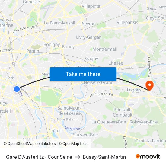 Gare D'Austerlitz - Cour Seine to Bussy-Saint-Martin map