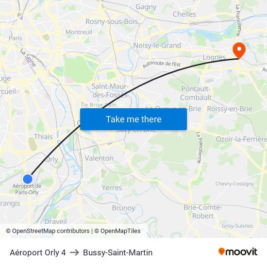 Aéroport Orly 4 to Bussy-Saint-Martin map