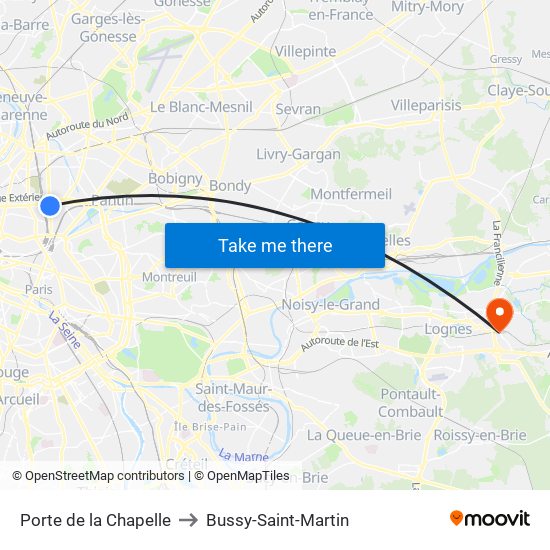 Porte de la Chapelle to Bussy-Saint-Martin map