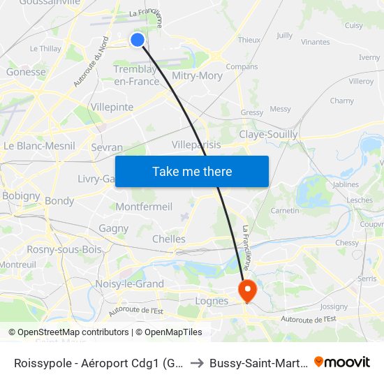 Roissypole - Aéroport Cdg1 (G1) to Bussy-Saint-Martin map