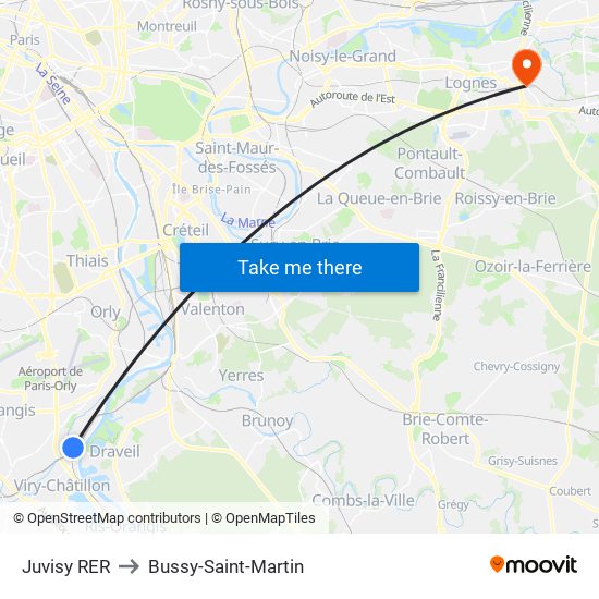 Juvisy RER to Bussy-Saint-Martin map