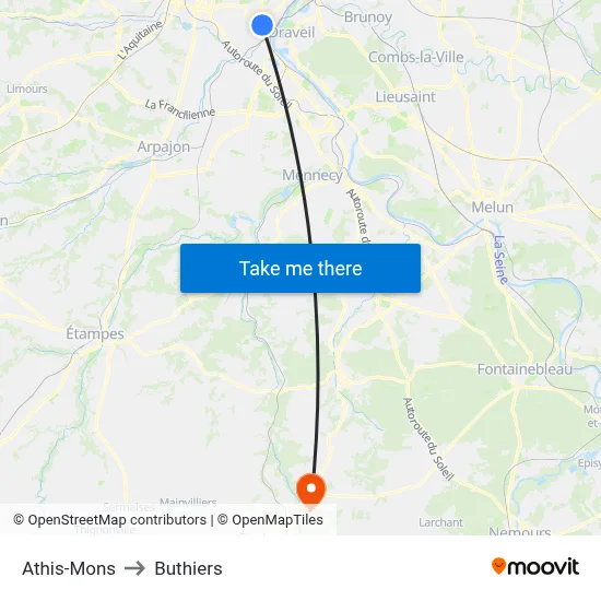 Athis-Mons to Buthiers map