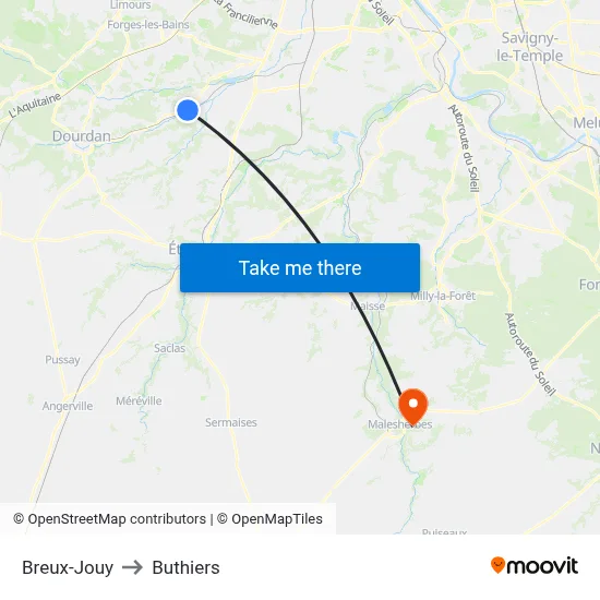 Breux-Jouy to Buthiers map