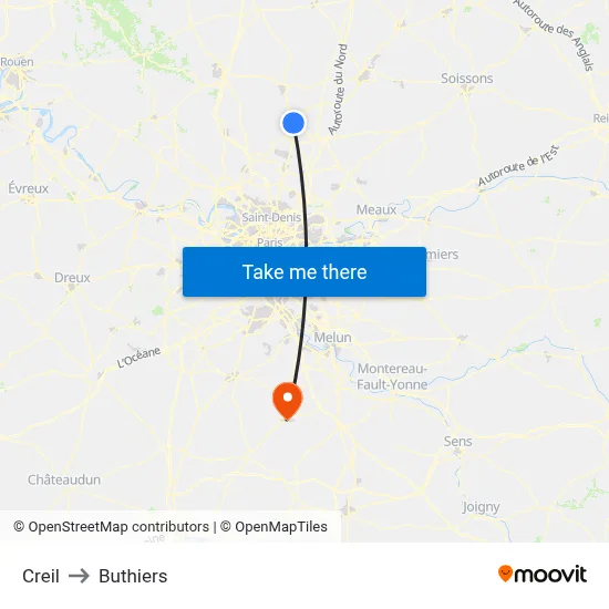 Creil to Buthiers map