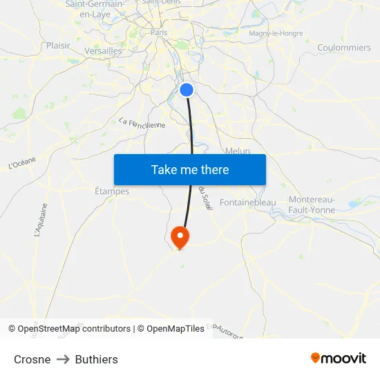Crosne to Buthiers map