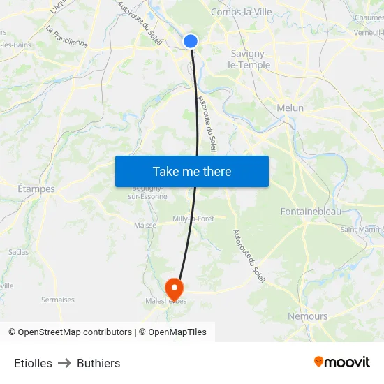 Etiolles to Buthiers map