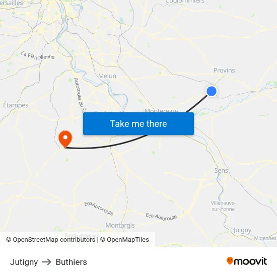 Jutigny to Buthiers map