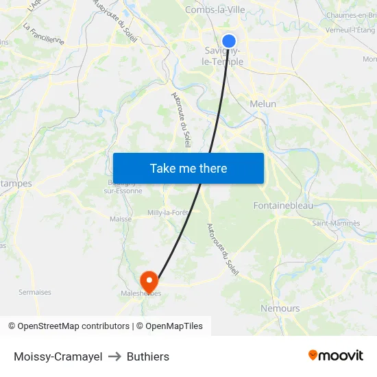 Moissy-Cramayel to Buthiers map
