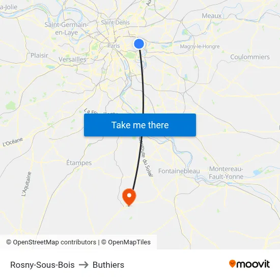Rosny-Sous-Bois to Buthiers map