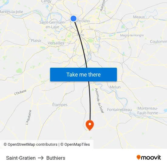 Saint-Gratien to Buthiers map