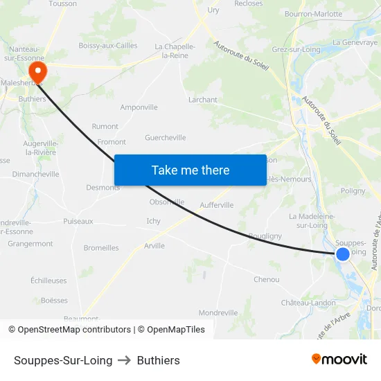 Souppes-Sur-Loing to Buthiers map