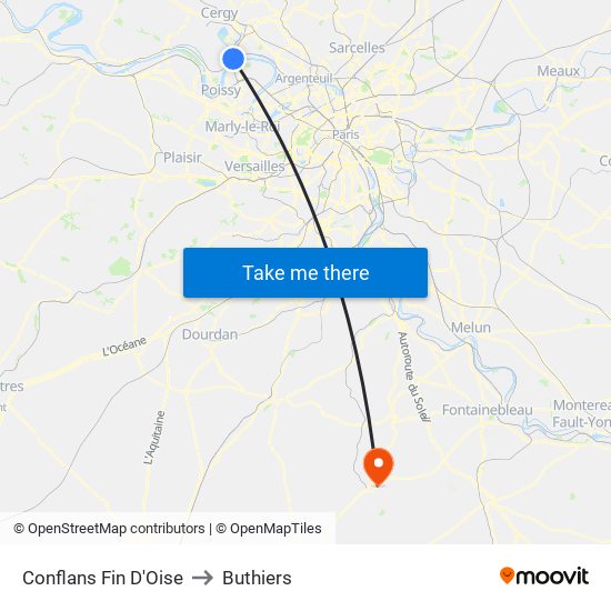 Conflans Fin D'Oise to Buthiers map