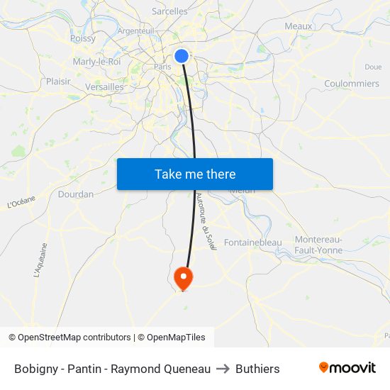 Bobigny - Pantin - Raymond Queneau to Buthiers map