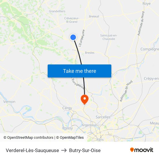 Verderel-Lès-Sauqueuse to Butry-Sur-Oise map