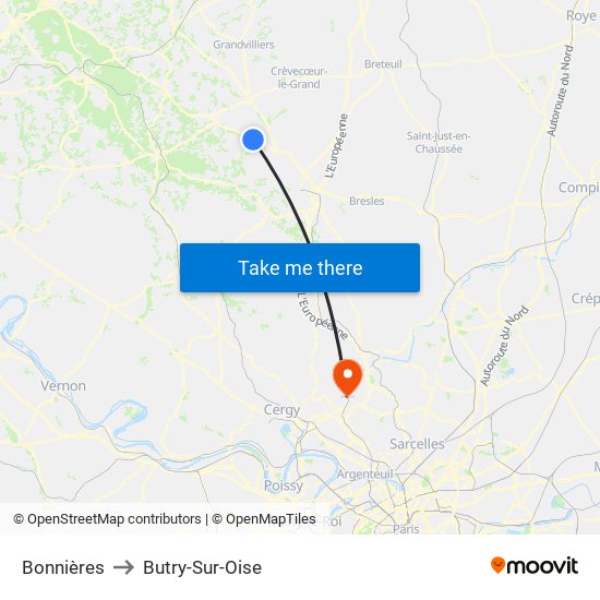 Bonnières to Butry-Sur-Oise map