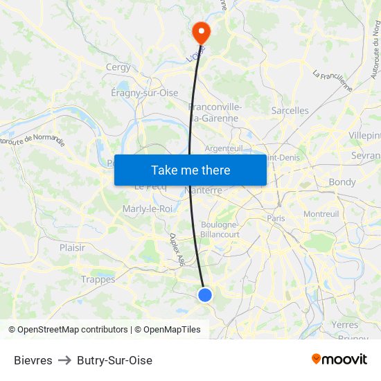 Bievres to Butry-Sur-Oise map