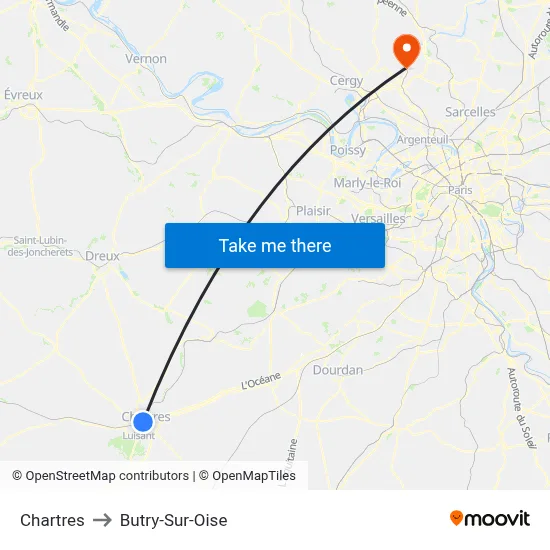 Chartres to Butry-Sur-Oise map