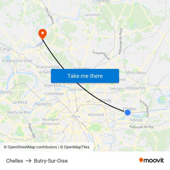 Chelles to Butry-Sur-Oise map