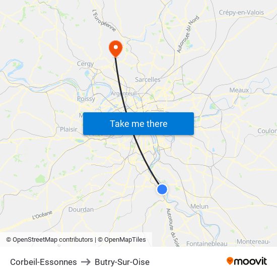 Corbeil-Essonnes to Butry-Sur-Oise map