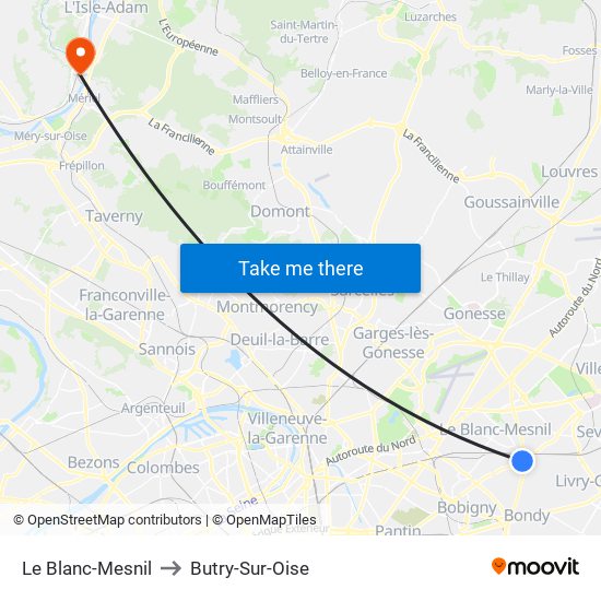 Le Blanc-Mesnil to Butry-Sur-Oise map