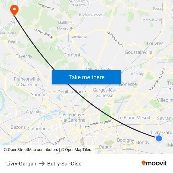 Livry-Gargan to Butry-Sur-Oise map