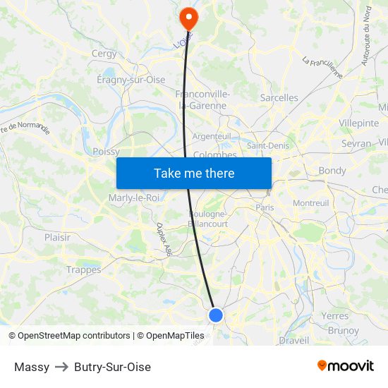 Massy to Butry-Sur-Oise map
