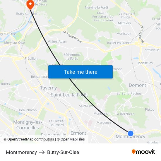 Montmorency to Butry-Sur-Oise map