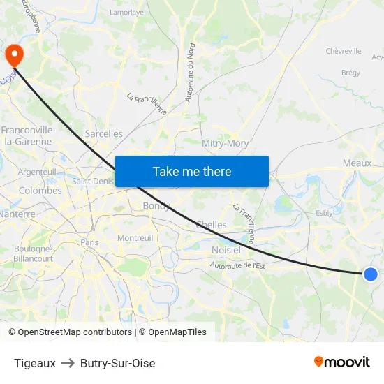 Tigeaux to Butry-Sur-Oise map