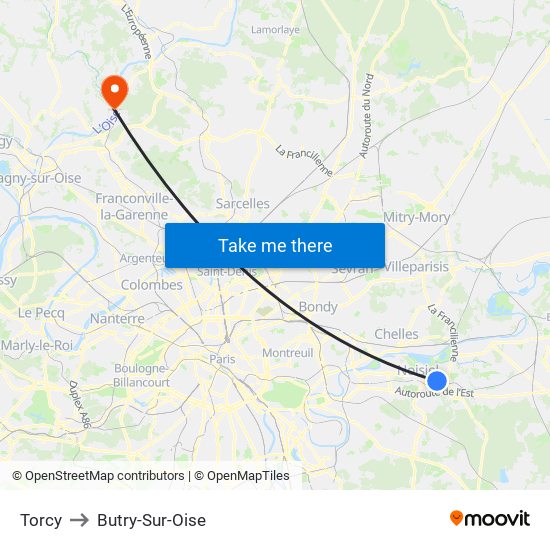 Torcy to Butry-Sur-Oise map