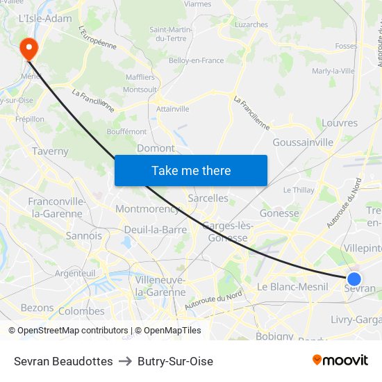 Sevran Beaudottes to Butry-Sur-Oise map