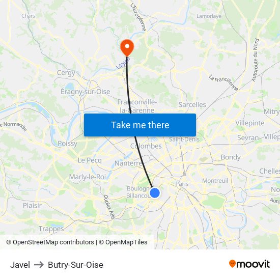 Javel to Butry-Sur-Oise map
