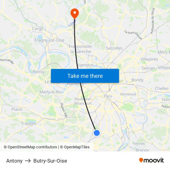 Antony to Butry-Sur-Oise map