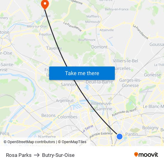 Rosa Parks to Butry-Sur-Oise map