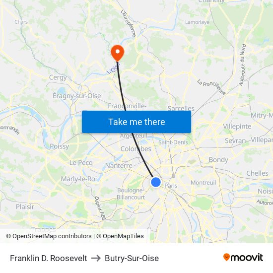 Franklin D. Roosevelt to Butry-Sur-Oise map