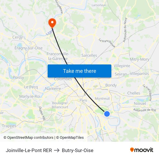 Joinville-Le-Pont RER to Butry-Sur-Oise map