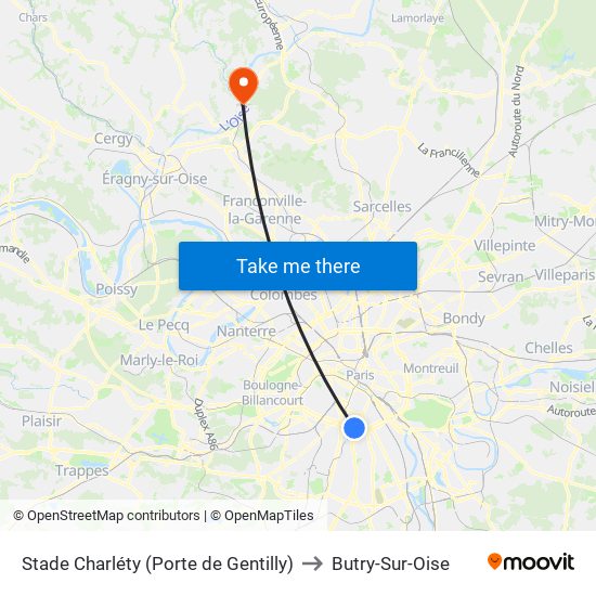 Stade Charléty (Porte de Gentilly) to Butry-Sur-Oise map