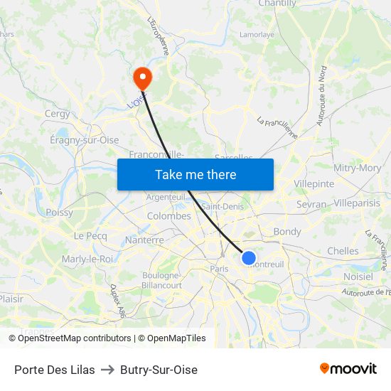 Porte Des Lilas to Butry-Sur-Oise map