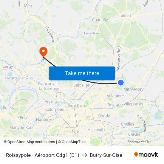 Roissypole - Aéroport Cdg1 (D1) to Butry-Sur-Oise map
