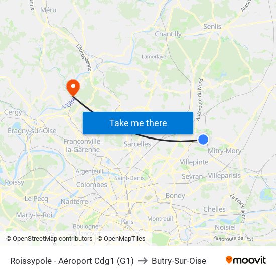 Roissypole - Aéroport Cdg1 (G1) to Butry-Sur-Oise map