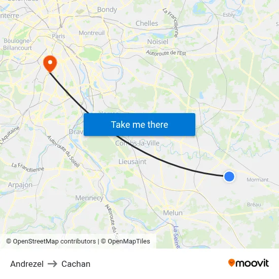 Andrezel to Cachan map
