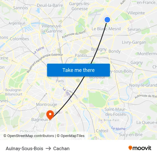 Aulnay-Sous-Bois to Cachan map